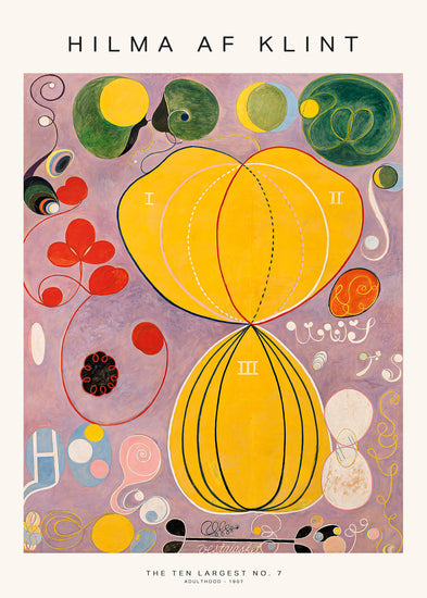 A poster featuring 'The Ten Largest No. 7' by Hilma af Klint with abstract organic shapes, geometric lines, and symbols in vibrant colors on a purple background.