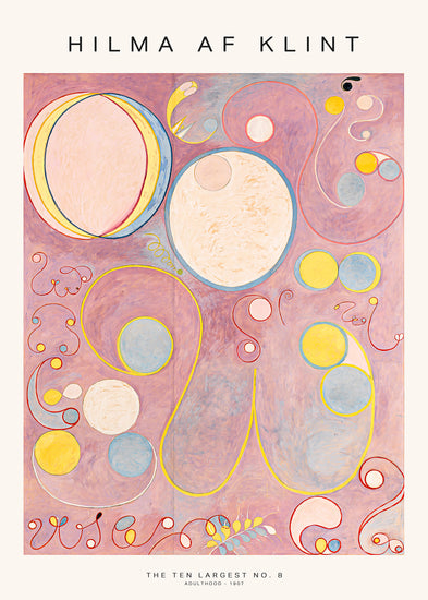 A poster featuring 'The Ten Largest No.8' painting by Hilma af Klint, with abstract designs, circles, and organic forms in pastel colors on a purple background.