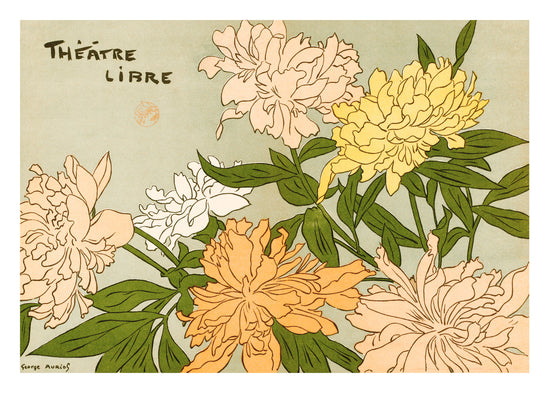 A vintage poster featuring a colorful illustration of peony flowers with the text 'Théatres Libre' at the top, indicative of the Art Nouveau style.