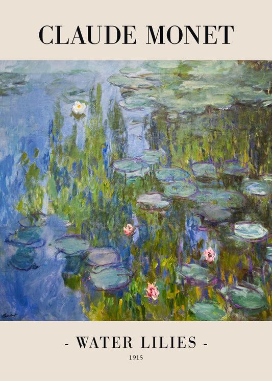 Claude Monets Water Lilies (1915) poster exemplifies French Impressionism with vibrant lily pads, serene blues and greens, and accents of pink and white blossoms on water.