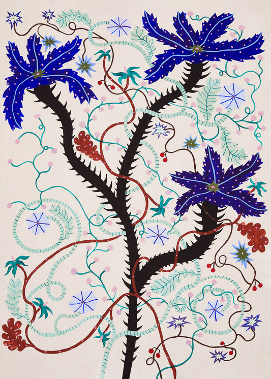 The Wild Whirling Cherries Poster features vibrant abstract foliage with large blue star-shaped flowers on curving black stems, intertwined colorful vines, and spiral shapes that form a dynamic, intricate pattern against a light background, reminiscent of a whimsical landscape filled with wildflowers.