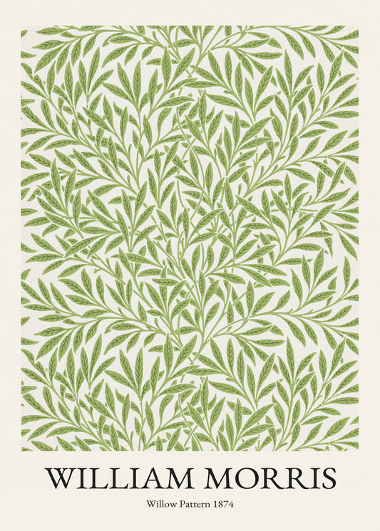 The William Morris Pattern 1874 Poster showcases an intricate design of green willow leaves and delicate wildflowers on a cream background, creating an elegant and natural motif.