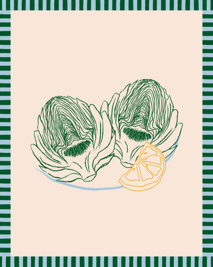 The Les Artichauts Poster showcases a digital artwork of two halved artichokes and a lemon wedge on a plate, set against a light beige background. It features a green and black striped border, evoking the charm of a French market day.
