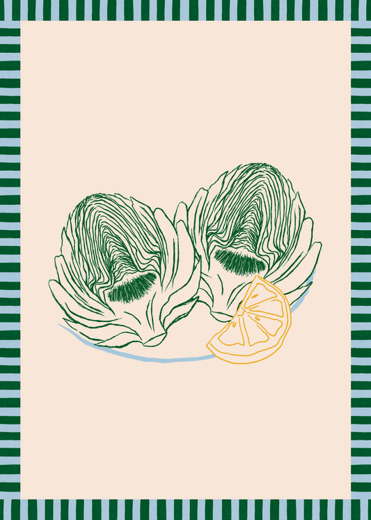 The Les Artichauts Poster features two artichoke halves and a lemon slice on a plate, reminiscent of a French market. A teal and dark blue striped border frames the beige center, adding elegance to any home decor.