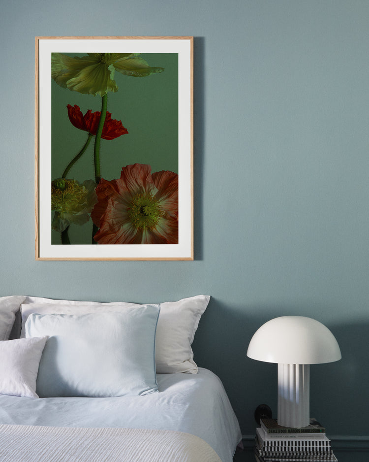 A cozy bedroom with light blue walls is naturally elegant, featuring a bed with white and light blue bedding. A dome-shaded lamp rests on a nightstand with books. Above the bed, The Dance I Poster in a large frame showcases the floral allure of colorful flowers.