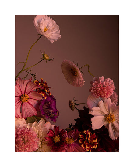 The Dreamscape Poster features a floral bouquet with daisies, carnations, and vibrant zinnias in pink, purple, and red hues set against a dark background. The arrangement is natural with petals artfully drooping.