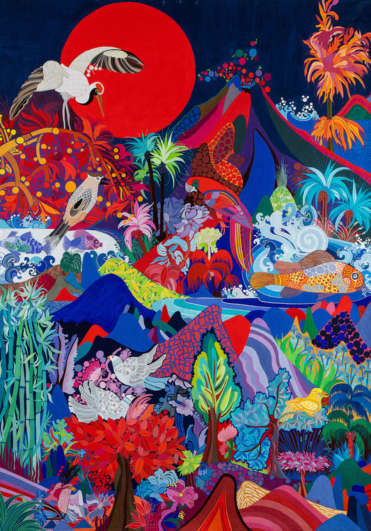This painting shows a bubbling volcano next to a Japanese red-crowned crane, with birds, plants, water inlets, and fish below. Jean's collage-style blends countryside and jungle fauna and flora, with bays and beaches, resembling a tropical island. Many viewers say it looks like an island they'd love to visit, with its exotic beauty, vibrant colors, inviting waves, and cool birds.