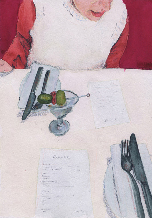 Gouache and colored pencil poster of  a table with cutlery and the restaurant's menu lies on the table. A martini sits on the table, with a woman seated on the other side of the table