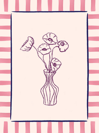 The Poppies en Vase Poster features a modern sketch of five flowers in a vase, centered within a pink and white striped border. The floral design is drawn in purple on a cream background.