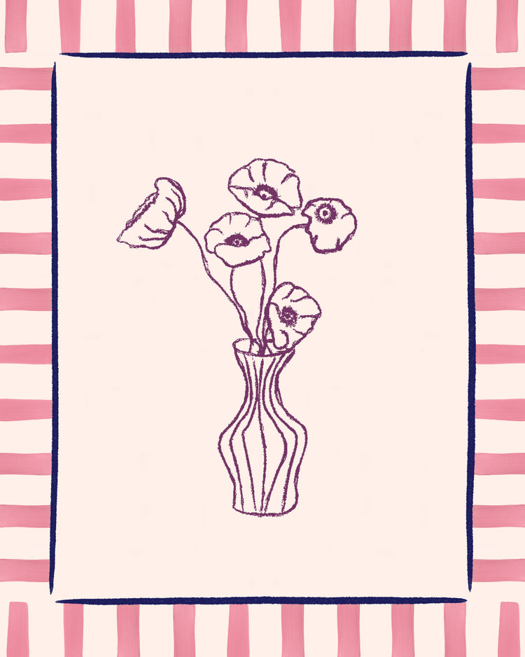 The Poppies en Vase Poster features a line drawing of five poppies in a vase on a light background with a floral motif, framed by pink and white stripes bordered by thin black lines, showcasing a simple, stylized modern touch.