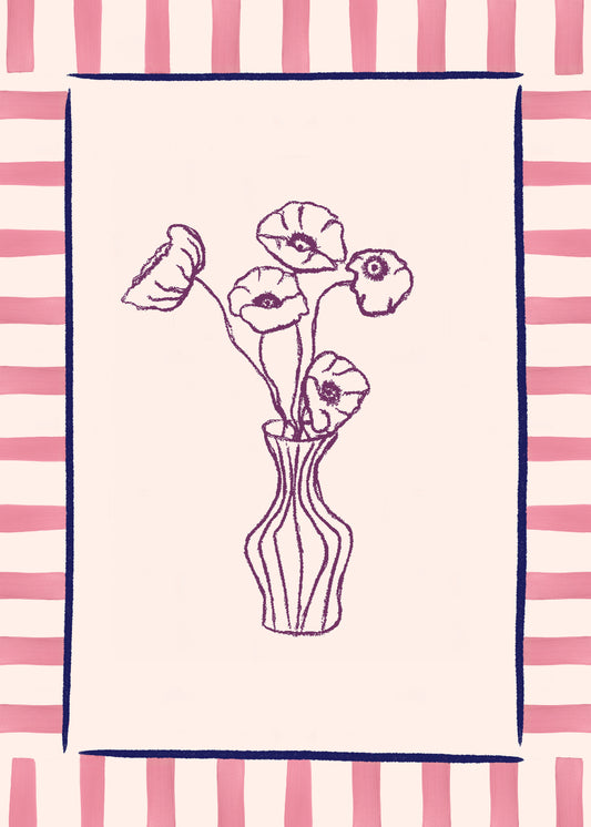 The Poppies en Vase Poster presents a modern line drawing of a striped vase with five poppies. The background includes a floral pattern with pink stripes and is framed by a thick black line.