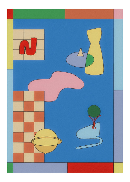 The Space Lamp Poster features abstract art with colorful geometric shapes on a blue background, including a red N, yellow vase, peach blob, tree-like structure, and a yellow ringed sphere. The border is adorned with rectangles in red, green, blue, and gray. Perfect for enhancing any interior design or poster collection.