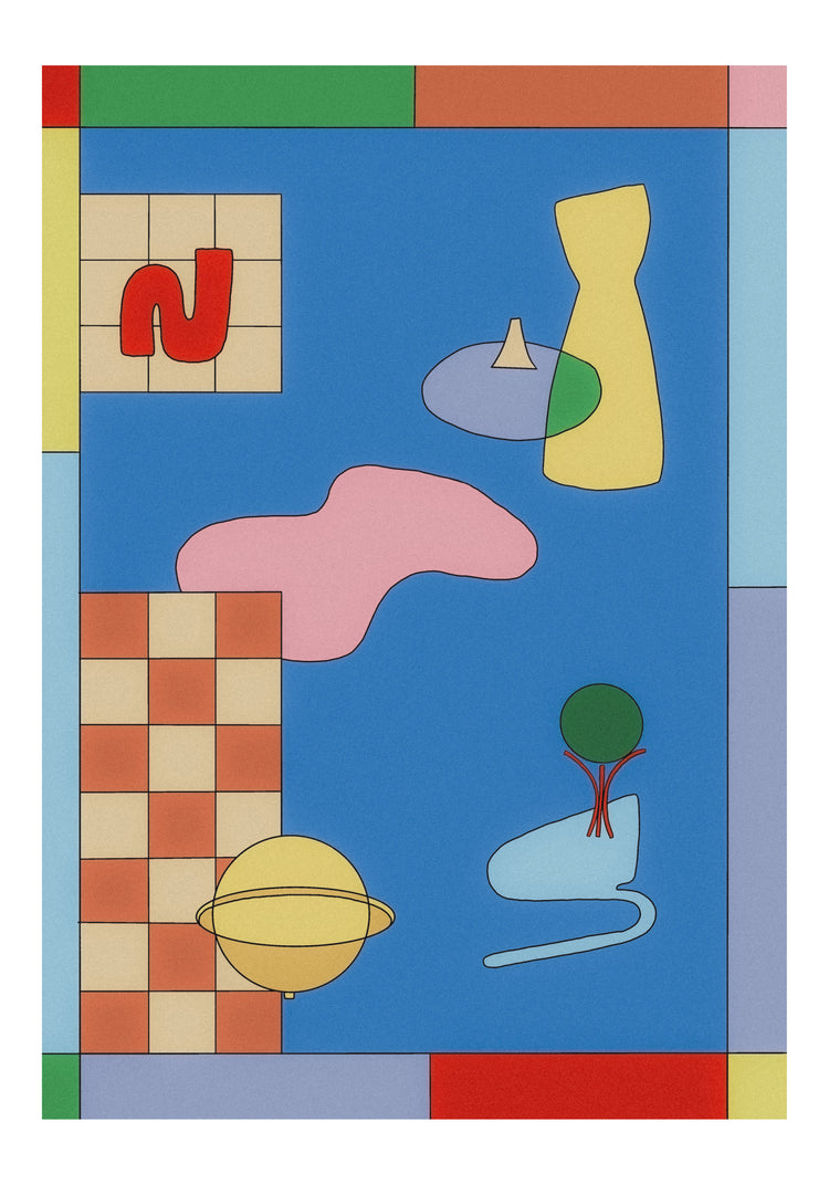The Space Lamp Poster showcases abstract art with colorful geometric shapes on a blue background. It features a red shape on a grid, yellow and pink forms, and a sphere with rings, enhanced by a multicolored border for a playful, modern touch—ideal for any interior design or poster collection.