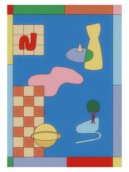 The Space Lamp Poster showcases abstract artwork with geometric shapes on a blue backdrop, including a red N, yellow vase, pink blob, green circle, and orange checkerboard. Its enhanced by multicolored borders to complement any modern interior or poster collection.