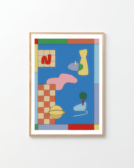 The Space Lamp Poster, a colorful abstract piece in a wooden frame, adorns the wall with geometric shapes in red, yellow, green, and blue on a blue background. Featuring checkered and linear patterns, it enhances interior decor and is an exquisite addition to any poster collection.