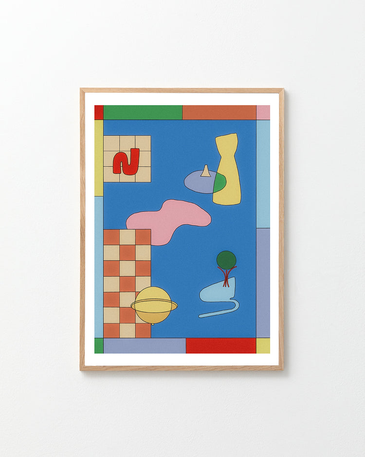 The Space Lamp Poster, a colorful abstract piece in a wooden frame, adorns the wall with geometric shapes in red, yellow, green, and blue on a blue background. Featuring checkered and linear patterns, it enhances interior decor and is an exquisite addition to any poster collection.