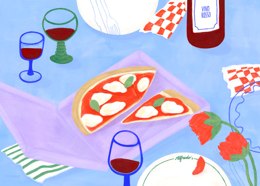 The Pizza for Three Poster showcases a vibrant pizza illustration with cheese and basil on a blue table, accompanied by two red wine glasses, a bottle, an Alfredos plate, red checkered napkins, and two red flowers. This exquisite wall art is inspired by Frauke Schyroki.