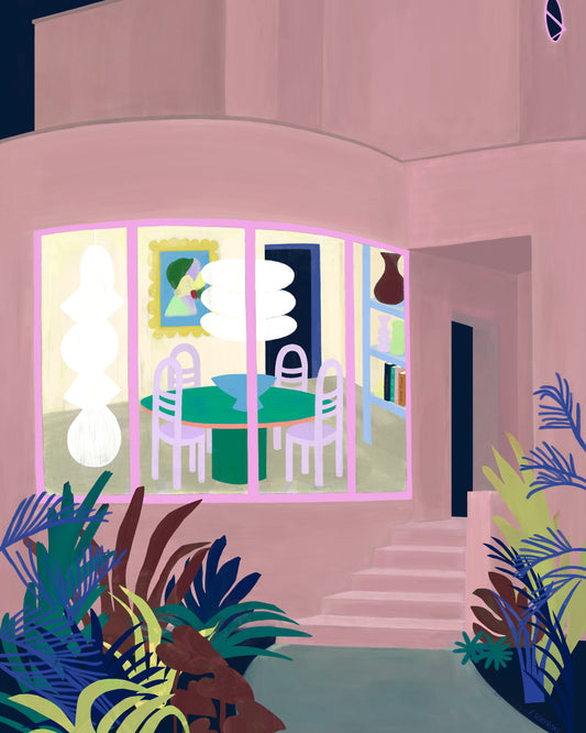 The Lighted Windows 01 Poster showcases a modern house with a large window highlighting a dining area with a table, chairs, and artwork. The exterior features pink walls and vibrant plants, making it an eye-catching and colorful display ideal for striking interior decoration.