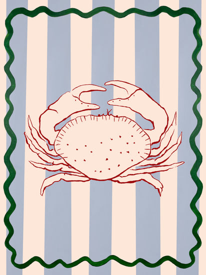 The Le Crabe Poster showcases a red crab illustration centered on vertical blue and white stripes, elegantly bordered by a wavy green edge for a decorative touch.