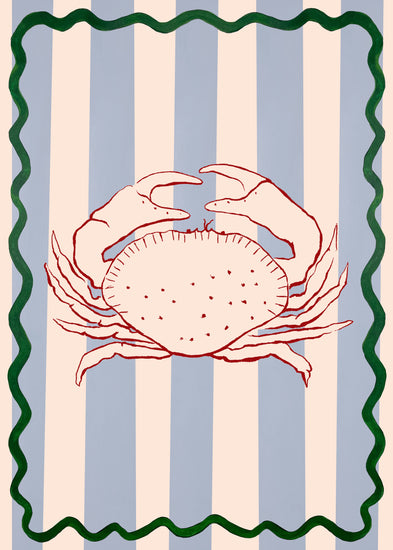 The Le Crabe Poster features a vibrant red crab on vertical blue and beige stripes, bordered by a green wavy line, capturing the nautical and coastal lifestyle with abstract elegance in a simple yet bold design.