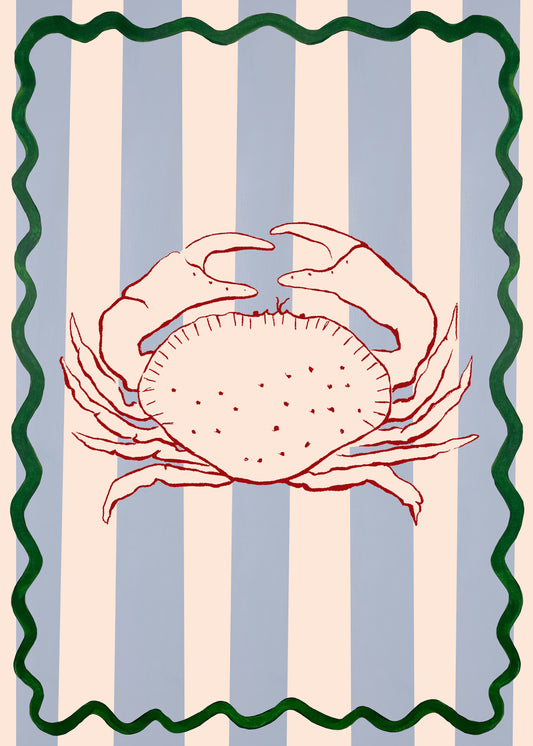 The Le Crabe Poster exhibits a vivid red crab at its center against vertical blue and cream stripes, capturing coastal vibes. A wavy green border adds an artistic flair to the design.