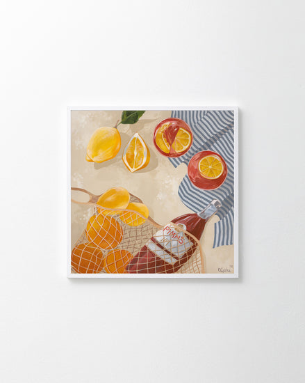 A painting by Cat Gerke, titled Pimms Afternoon, showcases halved and whole lemons with red fruits and a net-bagged bottle. A striped cloth adds texture, while the light, patterned backdrop completes this elegant composition—ideal for a Wallbaby poster.