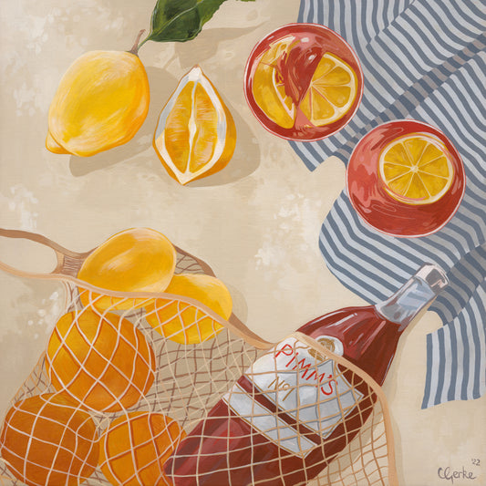 The Pimms Afternoon Poster by Wallbaby features a colorful painting with a lemon, lemon slices, citrus-garnished drinks, a net bag of oranges, and a Pimms bottle on striped fabric. Its ideal for adding zest to any room.