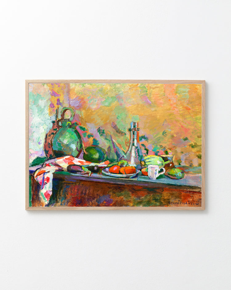 Framed painting of a still life scene with fruits and a teapot on a table.