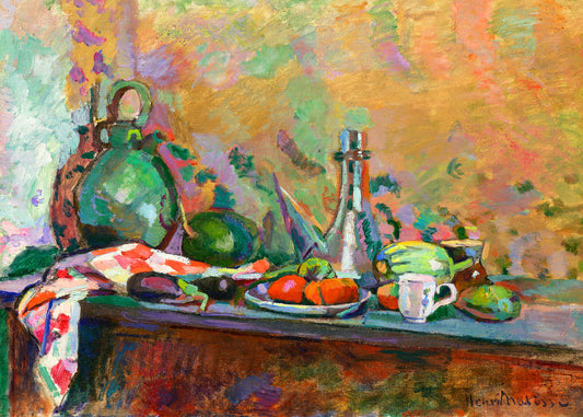 Colorful still life painting with fruits, vegetables, and a teapot on a table.