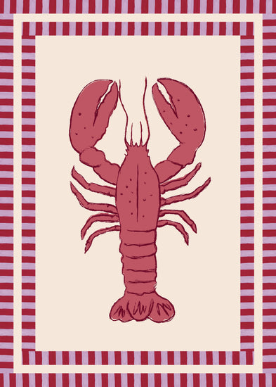 The Le Stripy Homard Poster showcases a red lobster against a cream background, framed by a bold red and white striped border.
