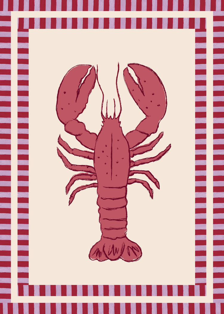 The Le Stripy Homard Poster showcases a red lobster against a cream background, framed by a bold red and white striped border.
