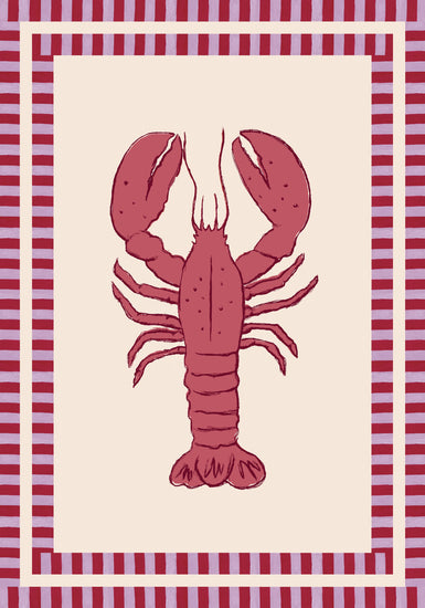 The Le Stripy Homard Poster showcases a collage of a red lobster centered on a light beige background with a border of alternating red and purple stripes, creating a vibrant frame-like effect.