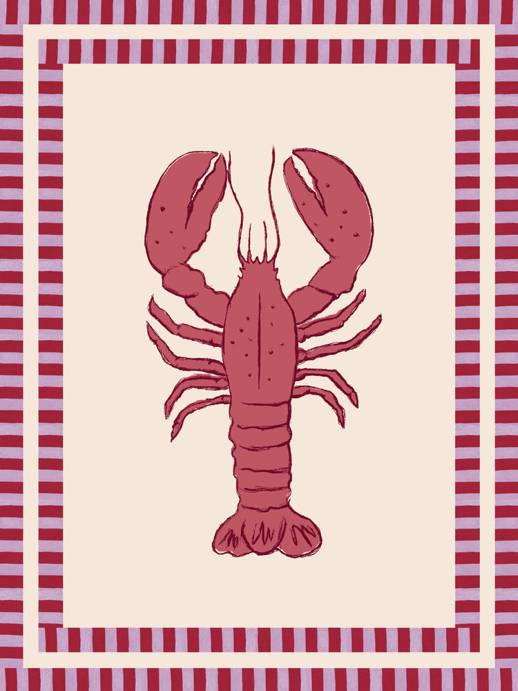 The Le Stripy Homard Poster showcases a vibrant red lobster on a beige background, framed with alternating red and maroon stripes, and subtly integrates collage techniques for added texture and depth.