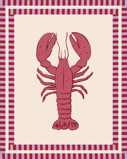 The Le Stripy Homard Poster showcases a vibrant red lobster on a cream background. It features a border with alternating red and purple stripes in a collage technique, adding depth to this unique artwork.