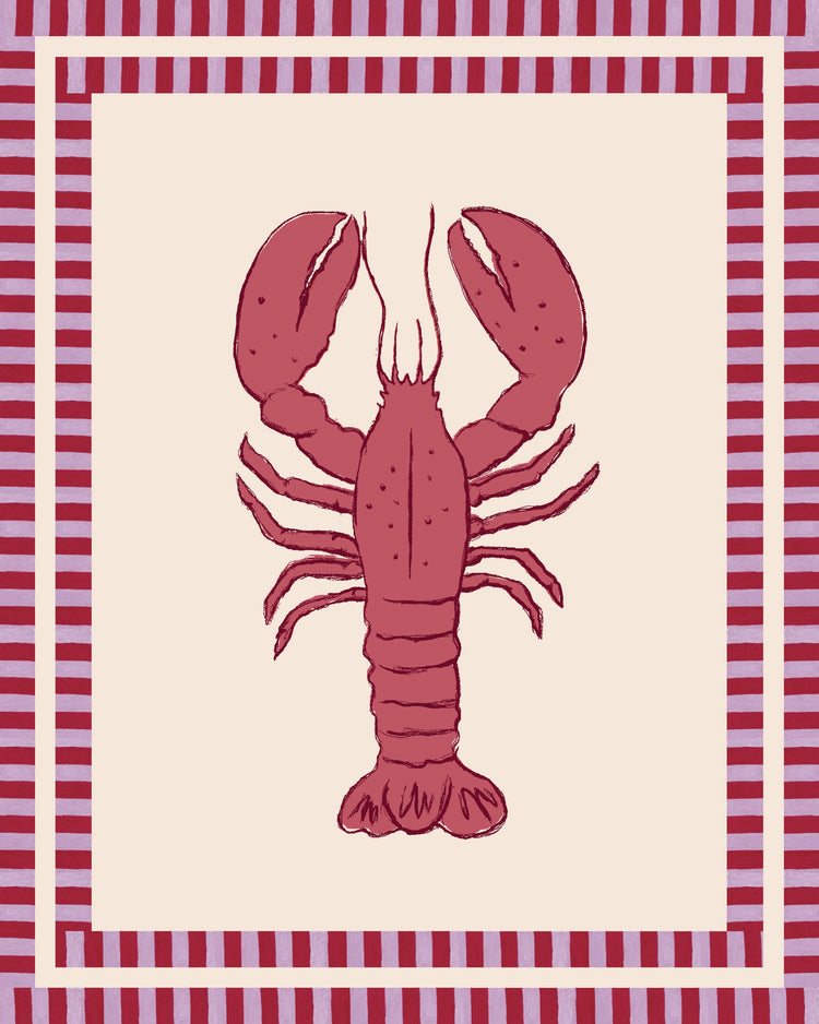 The Le Stripy Homard Poster showcases a vibrant red lobster on a cream background. It features a border with alternating red and purple stripes in a collage technique, adding depth to this unique artwork.