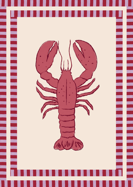The Le Stripy Homard Poster features a vibrant red lobster on a beige square background, with alternating red and lavender striped borders, displayed in a unique collage style.
