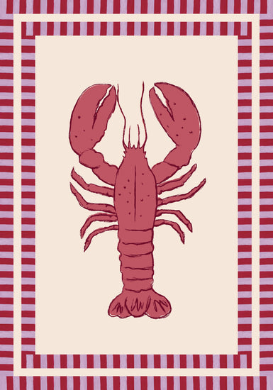 The Le Stripy Homard Poster features a detailed red lobster on a beige background, complete with claws, legs, and tail. It is surrounded by a border of alternating dark and light red vertical stripes reminiscent of collage art.