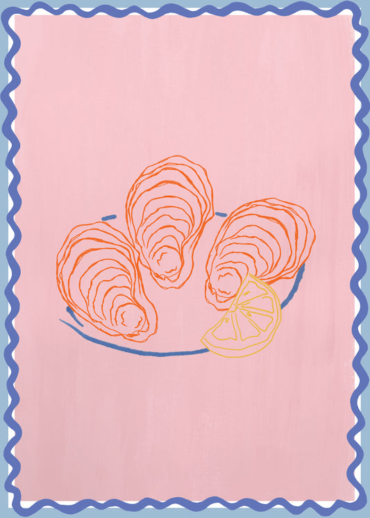 The Plateau dhuîtres Poster features three oysters on a plate with a lemon slice, set against a pink background and accented by a wavy blue border, evoking the lively style of collage art.