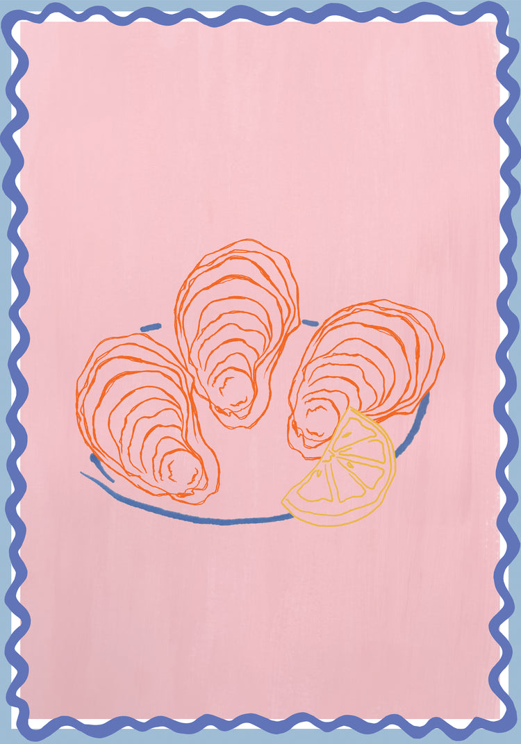 The Plateau dhuîtres Poster showcases three oysters on a plate with a lemon wedge, designed in a collage-style. It features a light pink background and wavy blue border, resembling the vibrant aesthetic of a poster.