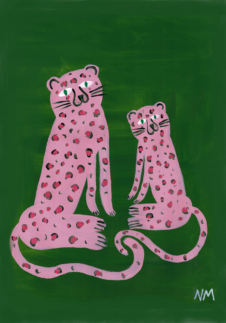 poster with two painted pink leopards against a green background