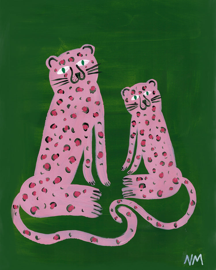 poster with two painted pink leopards against a green background