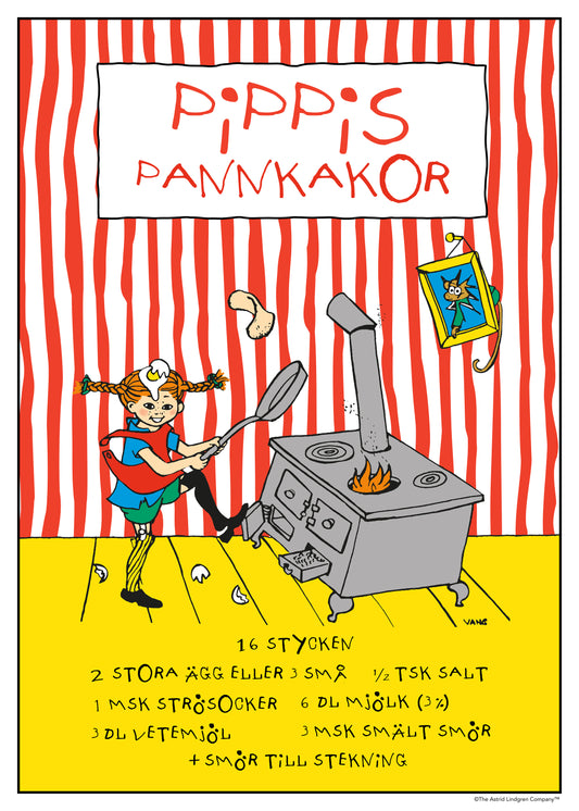 Pippi Longstocking flipping pancakes at a stove with the handwritten swedish pancake recipe displayed below.