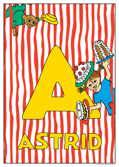 Pippi Longstocking juggles cakes around a large yellow A on a red‑and‑white striped background. Name: Astrid.