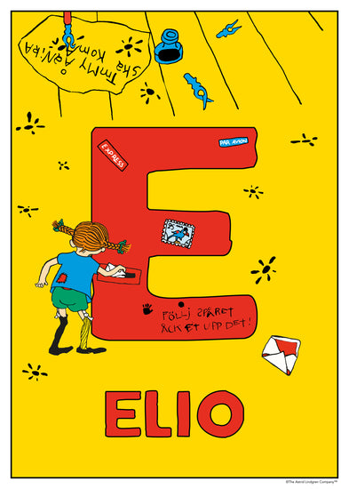 Pippi writes and sticks stamps onto a big red E on a yellow floor. Name: Elio.
