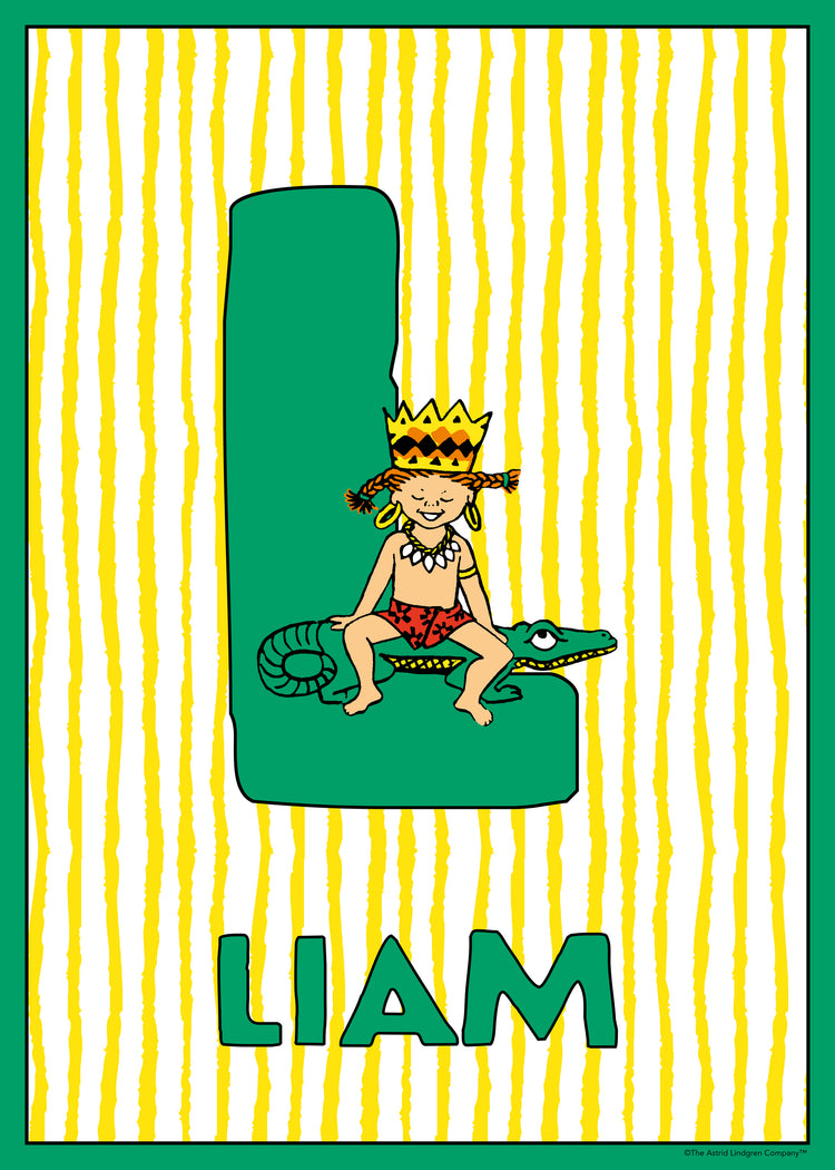 Pippi sits like royalty on top of a big green L together with a crocodile. Name: Liam. 