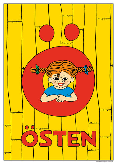Pippi peeks through a big red Ö against a yellow wooden wall. Name: Östen. 