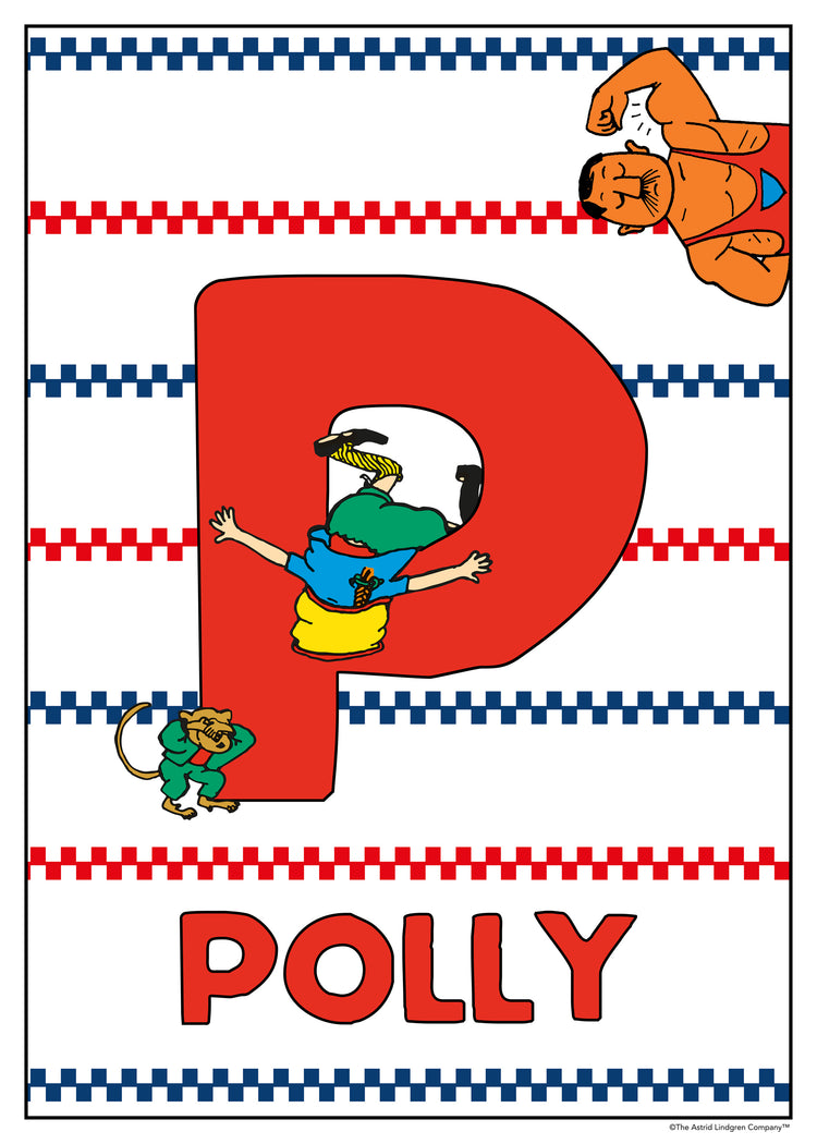 Pippi tumbles through a giant red P together with Mr. Nilsson and a strongman. Name: Polly. 