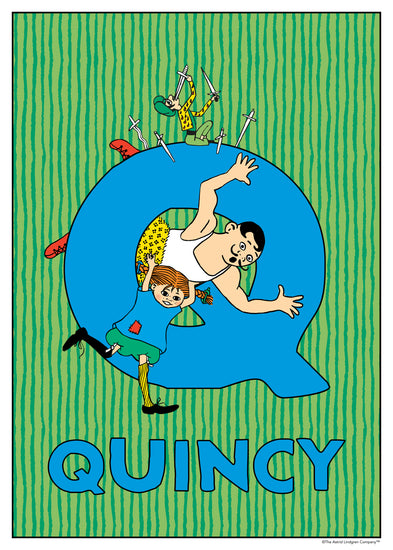 Pippi and a strongman are tangled inside a large blue Q while pirates jump above. Name: Quincy.