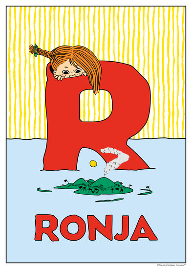 Pippi Longstocking peeks over a large red letter R, with a small volcanic island landscape in the water below. Name: Ronja.