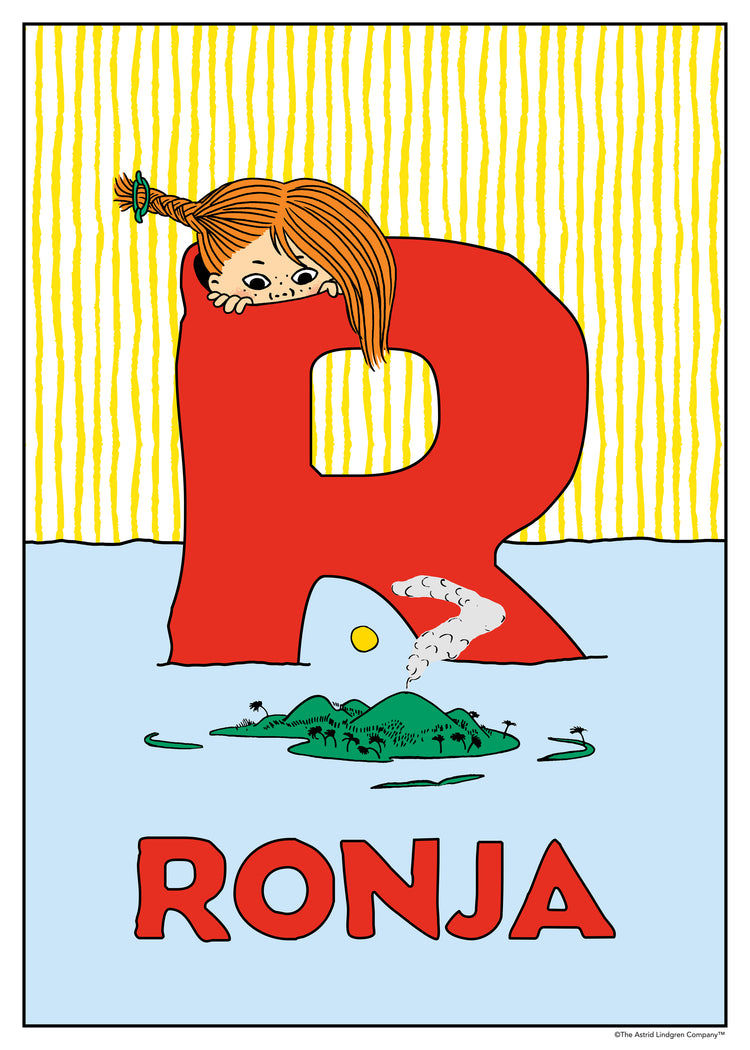 Pippi Longstocking peeks over a large red letter R, with a small volcanic island landscape in the water below. Name: Ronja.